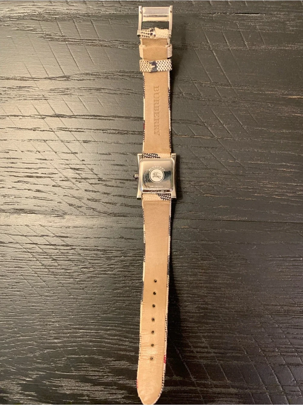 Burberry Rectangular Silver Case Watch with Beige Plaid Strap
